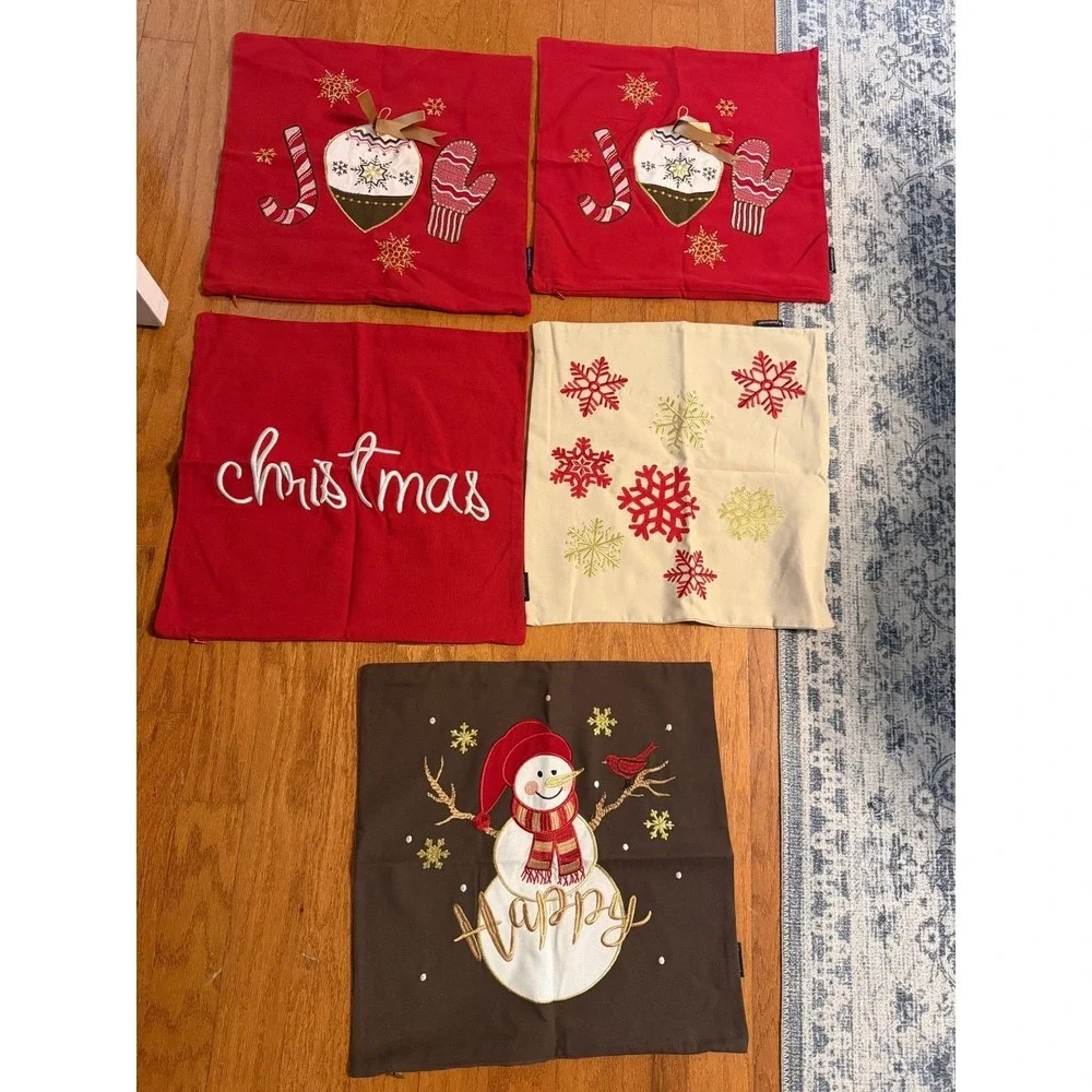 Christmas Throw Pillow Covers Set Snowman Joy Snowflake Red Beige Brown Square
